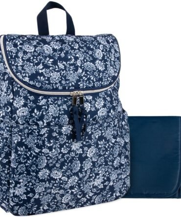 Baby Essentials Floral Print Wide Opening Diaper Backpack Set - Navy