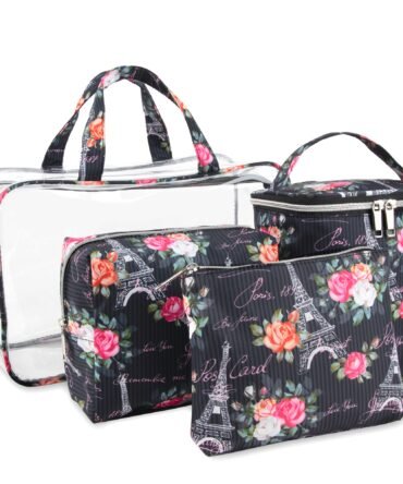 Clear Cosmetic Travel Case Set with 2 Bags + Pouch - Paris Themed