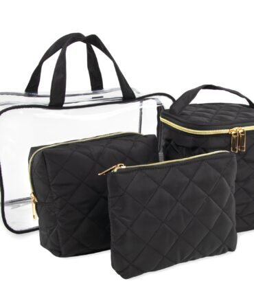 Clear Cosmetic Travel Case with 2 Diamond-Quilted Bags and Pouch - Black
