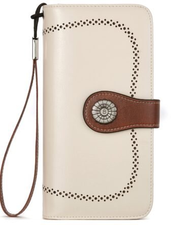 Lomy Leather Wallet For Women With Wristlet - Beige With Brown
